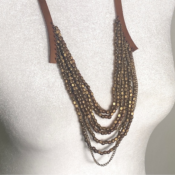 Anthropologie tan leather and gold statement necklace - Picture 2 of 3